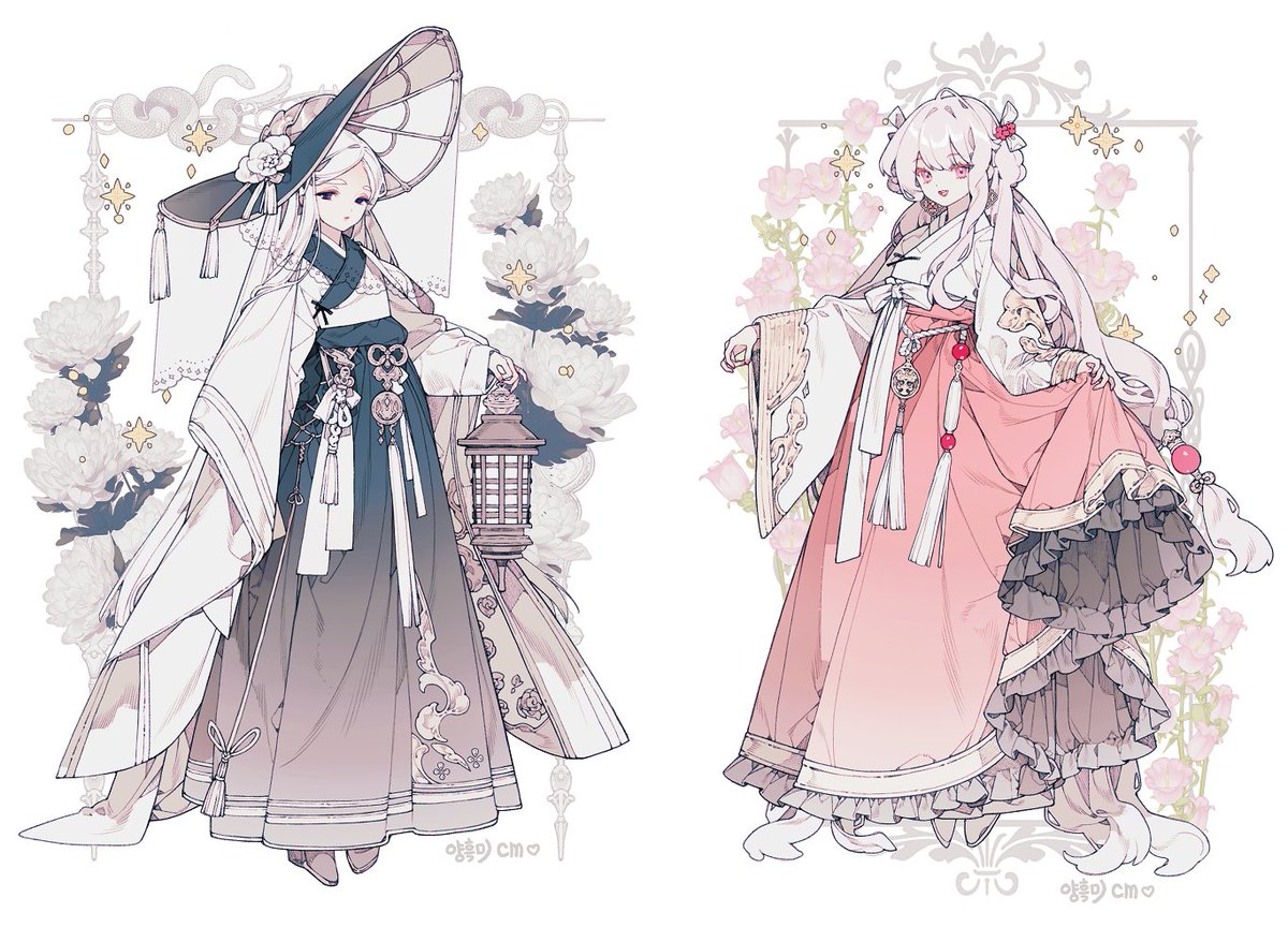 multiple girls 2girls lantern long hair very long hair white hair flower  illustration images