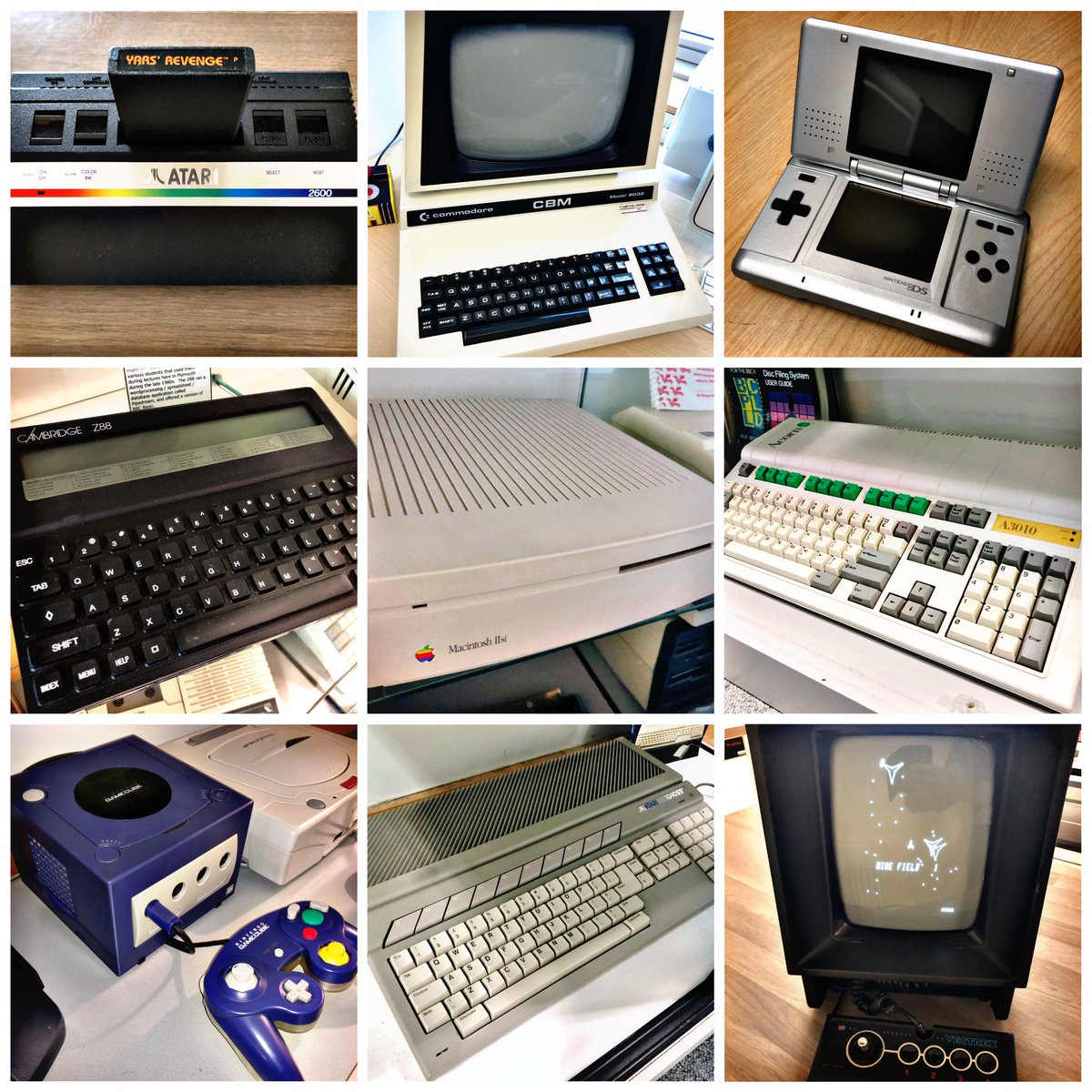 This week’s #RetroEnnead offers you the ##Atari2600Jr, #CBM8032, #NintendoDS, #Z88, #MacintoshIIsi, #A3010, #GameCube, #1040STE and #Vectrex. Pick a line of 3 and dump the rest! #RetroComputing #ComputerHistory #RetroGaming #VideoGames