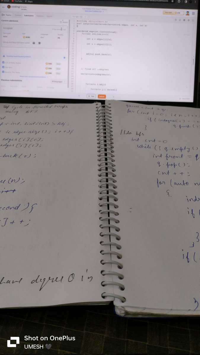 uy23397's tweet photo. #Revision of DSA
Day 17
Today i solved 3 questions of GRIND 75 blind sheet
1.  Leetcode 98
2. Leetcode 238
3. Leetcode 155
And also i revised cycle detection in directed graph using bfs
Lecture 92 || c++ Placement Series || CodeHelp-by love babbar
#DSA #leetcode #Grind75 https://t.co/0hVrbA76f6