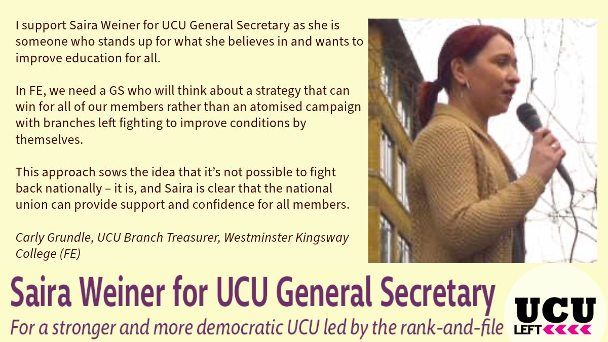UcuLeft's tweet image. Vote Saira Weiner for General Secretary

Carly Grundle, UCU Branch Treasurer, Westminster Kingsway College (FE)

#Saira4UCUGS #Peter4VP #ucuRISING #Solidarity #RespectFE #ucustrikes #GazaCeasefireNow