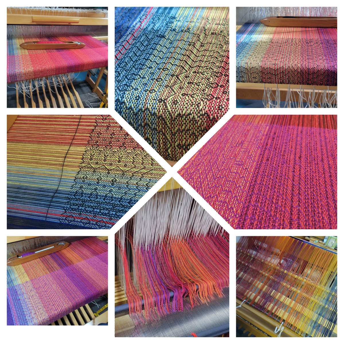 Collage #1 shows a sampling of my 2023's weaving. See something you like? Some of these items are still available. Collage #2 is what's on the loom now. I am currently weaving Kamp Kloth #4 of a dozen or so on this warp.