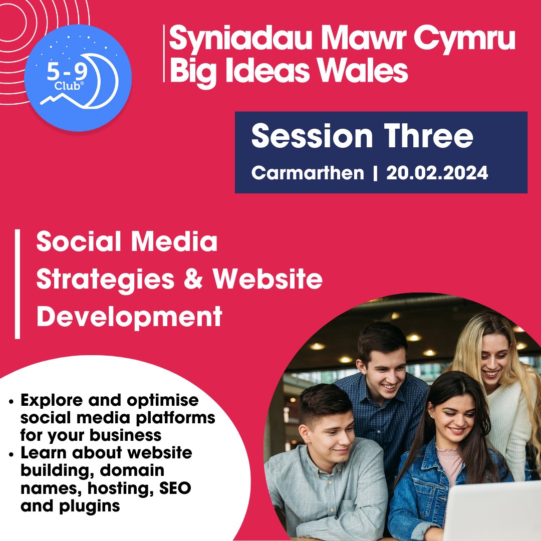 📣 5-9 Club Carmarthen: Session Three 📆 20.02.24 ⏰ 17:00 - 21:00 Session three is all about exploring different social media platforms and which ones could benefit your business. ow.ly/TOJv50Qu3mW