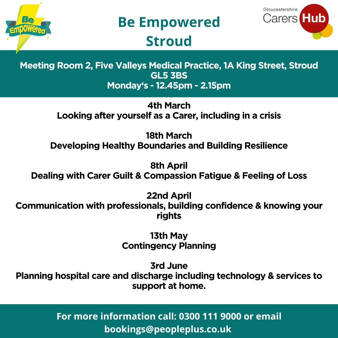 Be Empowered is coming to Stroud this March.

To book your place email bookings@peopleplus.co.uk or call us on 0300 111 9000.

#unpaidcarers #stroud #carerawareglos #careraware