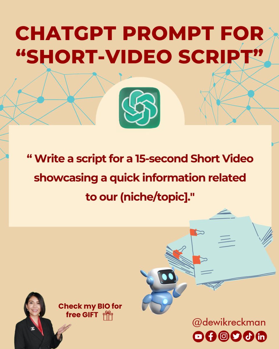 Dewikreckman's tweet image. ChatGPT Prompt for Short-Video Scripts 📽️ #VideoScripting #ContentCreation #socialmediacontentcreator #socialmediacontenttip #socialmediacontentideas #socialmediacontentcreation #contentideasforsocialmedia