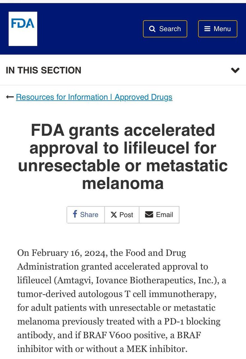The FDA has just given accelerated approval for lifileucel, T cell immunotherapy. 
Lifileucel’s trial results show a 31.5% objective response rate, with many still responding well!

#FDA #fdaapproved #fdaapproval