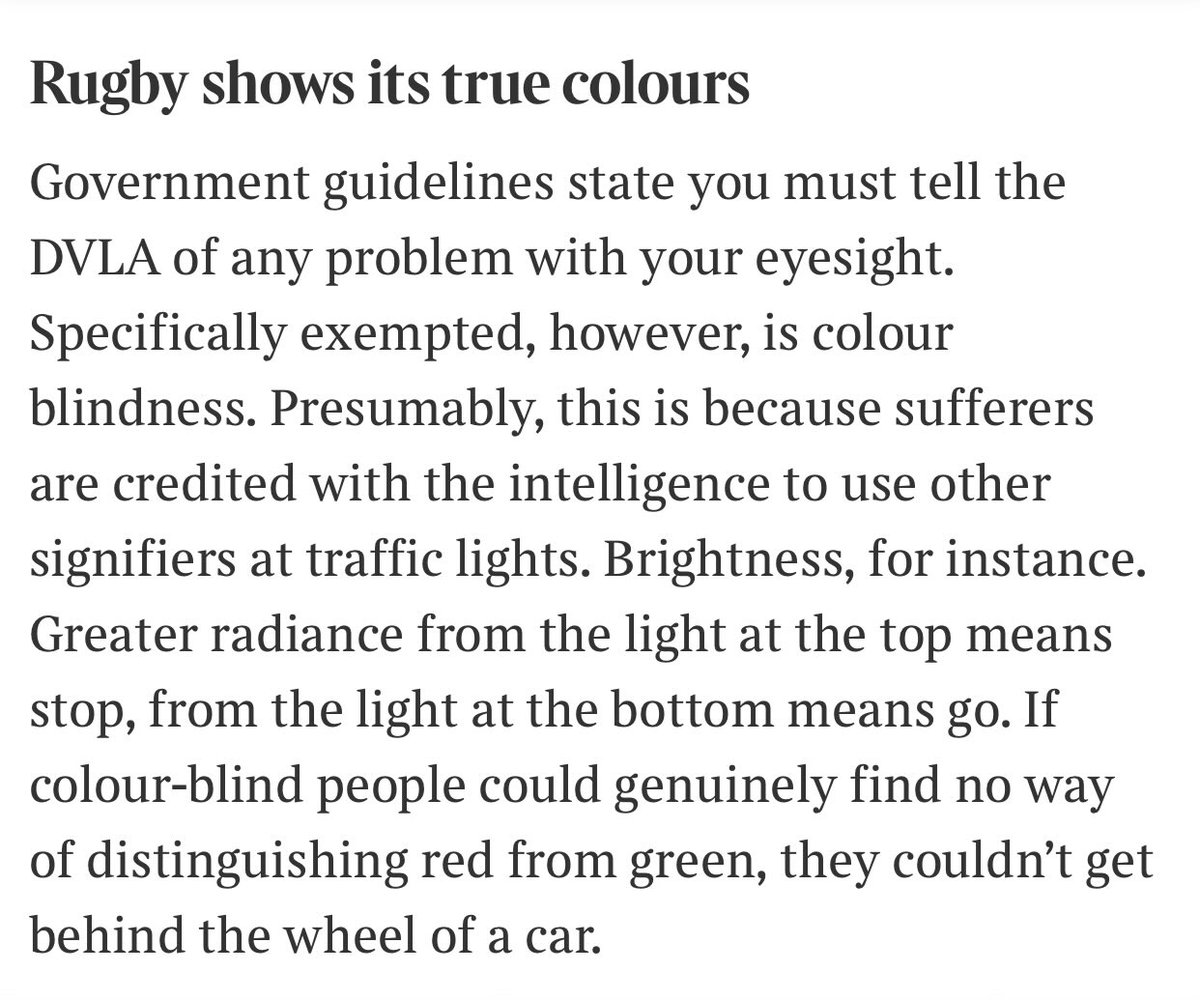 Oh Martin Samuel!! 

Those of us who are colour blind can tell red from green at the traffic lights because they helpfully out the colours in the same order every time 🚦

And unlike rugby the colours are running headlong into each other at a fast pace …

#1in12men #1in200women