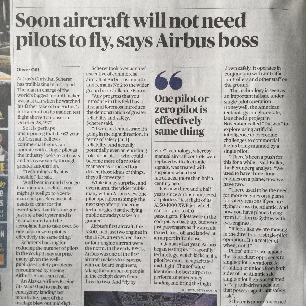 Todays Sunday Times | Another profit driven scheme that moving towards a single-pilot operation that poses a significant safety risk. You only have to look at the ongoing safety problems at Boeing.