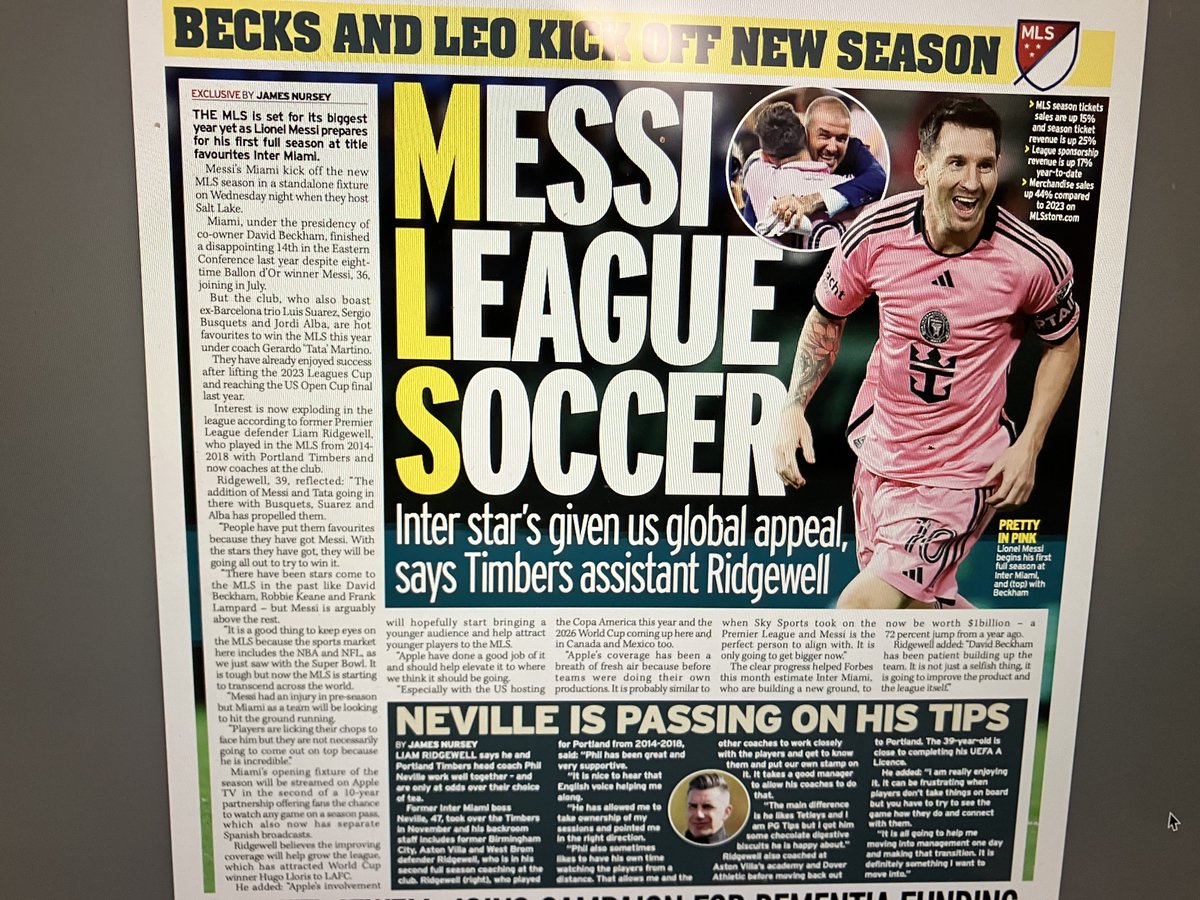 @MLS preview in Sunday Mirror today with former MLS player @liam_ridgewell , who now coaches in USA at his old club Portland Timbers under Phil Neville. Messi gets the season underway this coming week mirror.co.uk/sport/football…