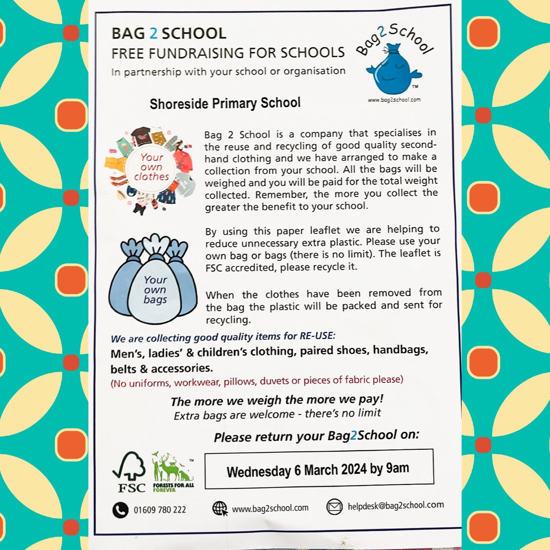 Shoreside PTA (@shoresidepta) on Twitter photo 👔 Do you have any unwanted clothes lying around the house?
👖Please can you bag them up & bring into school by Wednesday 6th March 9am?
👗 The more we collect the more money we make for the school!
🙏 Thank you so much!
<a href="/shoreside1234/">Shoreside Primary School</a> 👔 Do you have any unwanted clothes lying around the house?
👖Please can you bag them up & bring into school by Wednesday 6th March 9am?
👗 The more we collect the more money we make for the school!
🙏 Thank you so much!
<a href="/shoreside1234/">Shoreside Primary School</a>