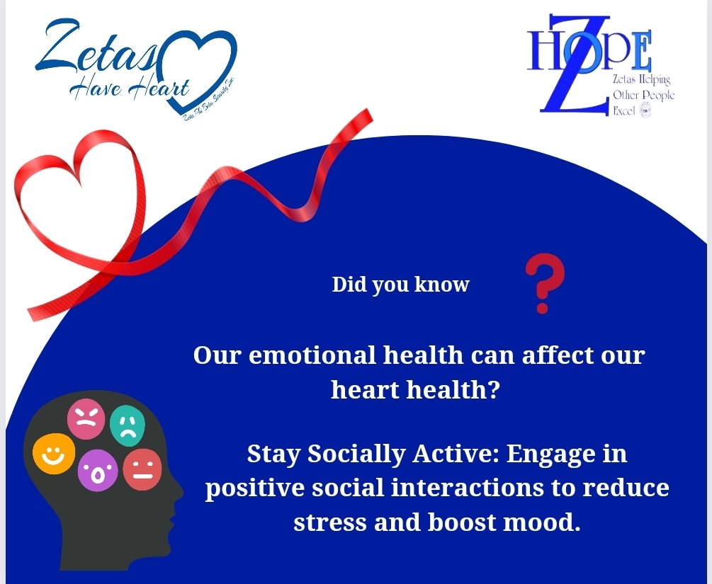 Did you know emotional health can impact heart health? The more you know💙
#emotionalhealth #hearthealth 
#heartdisease #stroke #kidneydisease  #AmericanHeartAssociation #GoodHealthWINs #ZetasHaveHeart
#ZHope #zphib1920 #newjerseyzetas