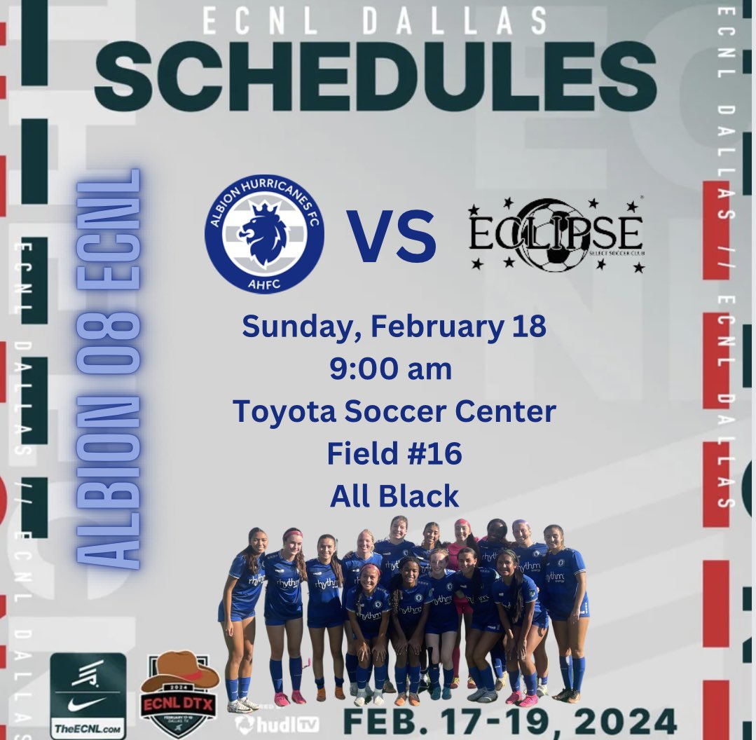 We are excited for Day 2 of the @ECNLgirls Dallas Showcase. Game time has been changed to 9:00 am. 🆚 Eclipse Select 08 ECNL ⏰ 9:00 am 🏟 Toyota Soccer Center Field 16 📍 Frisco, TX 👕 All Black