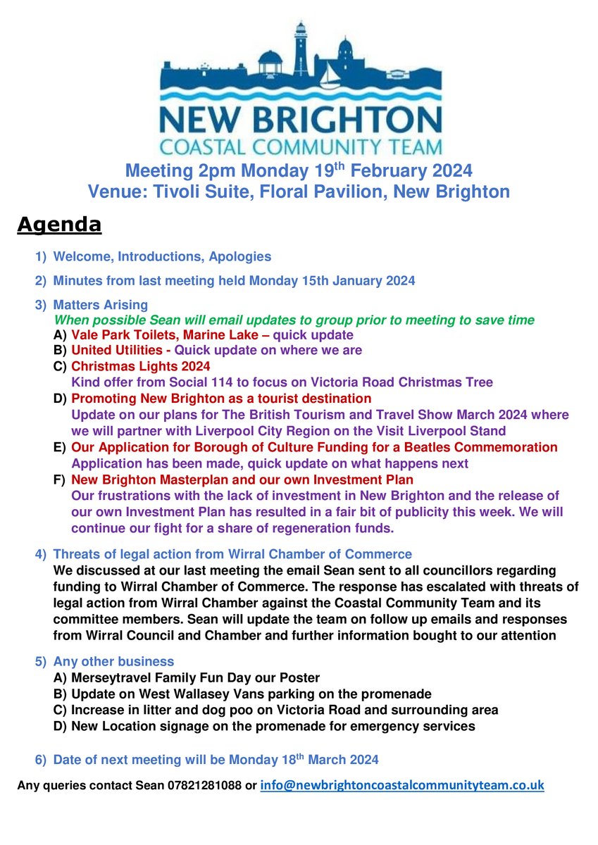 Agenda for the New Brighton Coastal Community Team meeting tomorrow Monday 19th February at the Floral Pavilion. Comments and suggestions welcome