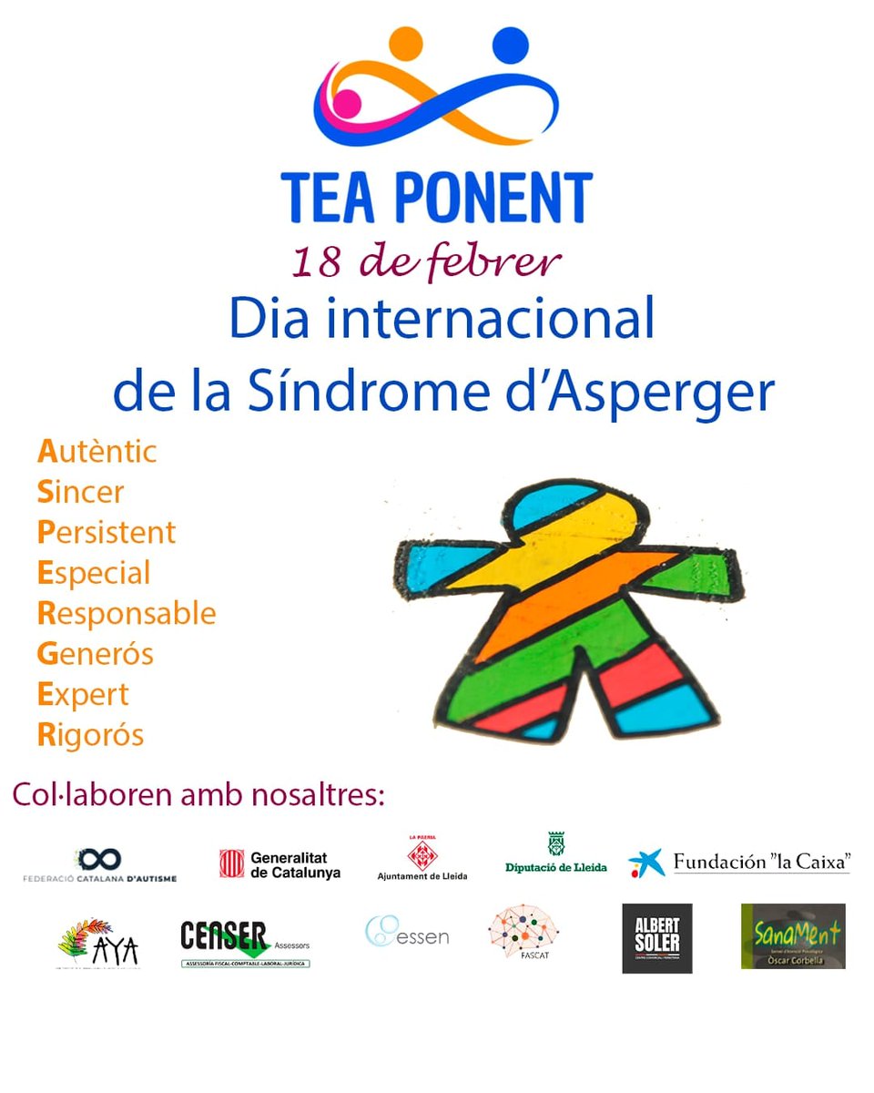TEAPonent's tweet photo. Avui és el dia internacional de la Síndrome d'Asperger. Que tingueu un molt bon dia.Correu: info@teaponent.cat
Telèfon/ WhatsApp 722856611
@FedCatAutisme @essenlleida @Fundlacaixa @FedAspergerCat @gencat
@diputaciolleida @paerialleida @FAlbertSoler #tea #teaponent #asperger https://t.co/uxLxUXiIzO
