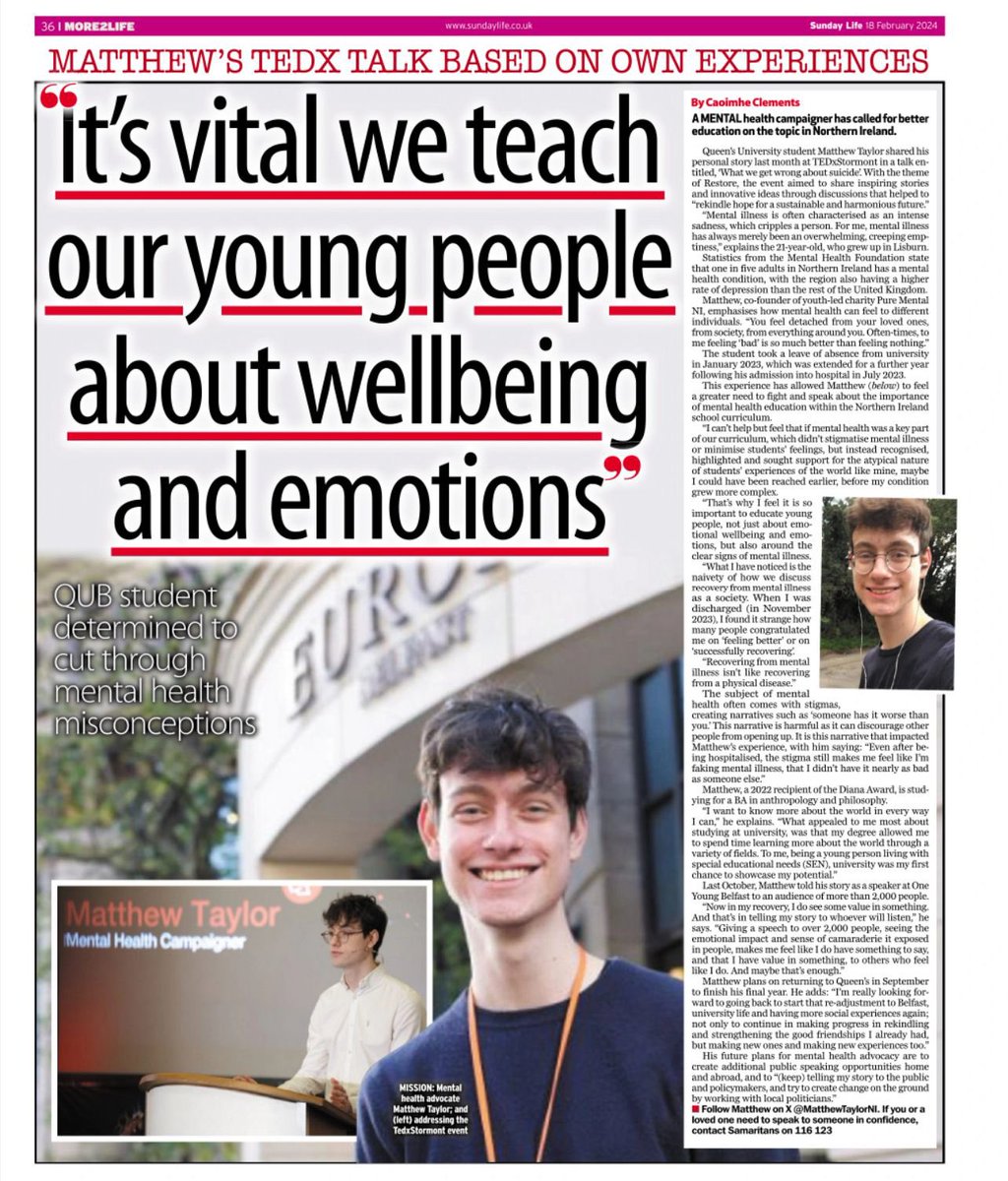 Delighted to be featured in <a href="/BelTel/">Belfast Telegraph</a>/<a href="/TheSundayLife/">Sunday Life</a> today, talking about my experience of mental illness and my recent TEDx Talk on suicide.

Huge thank you to <a href="/CaoimheClements/">Caoimhe Clements</a> for working with me over the last number of months to put this story to print. ❤️