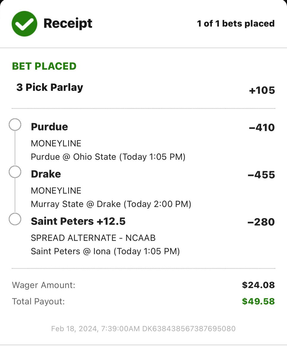KyleGrubb7ND's tweet photo. Day 2! Live! Only got a 3 leg today! Went with alt spread because I didnโt like any other money lines. St. Peterโs BEAT Iona earlier this year, got them +12.5, so feeling confident on that. Like if you are tailing #LadderChallenge #10to10k #NCAABasketball #IsItMarchYet https://t.co/9PtPWVbONL