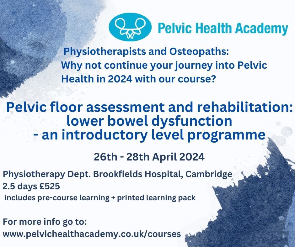 Our next introductory level bowel course is open for application.
26-28 April at Brookfields Hospital, Cambridge. 
Share the news and/or apply via: pelvichealthacademy.co.uk/events/

#pelvichealthphysio #perinatalpelvichealth #physiocpd #bowelhealth