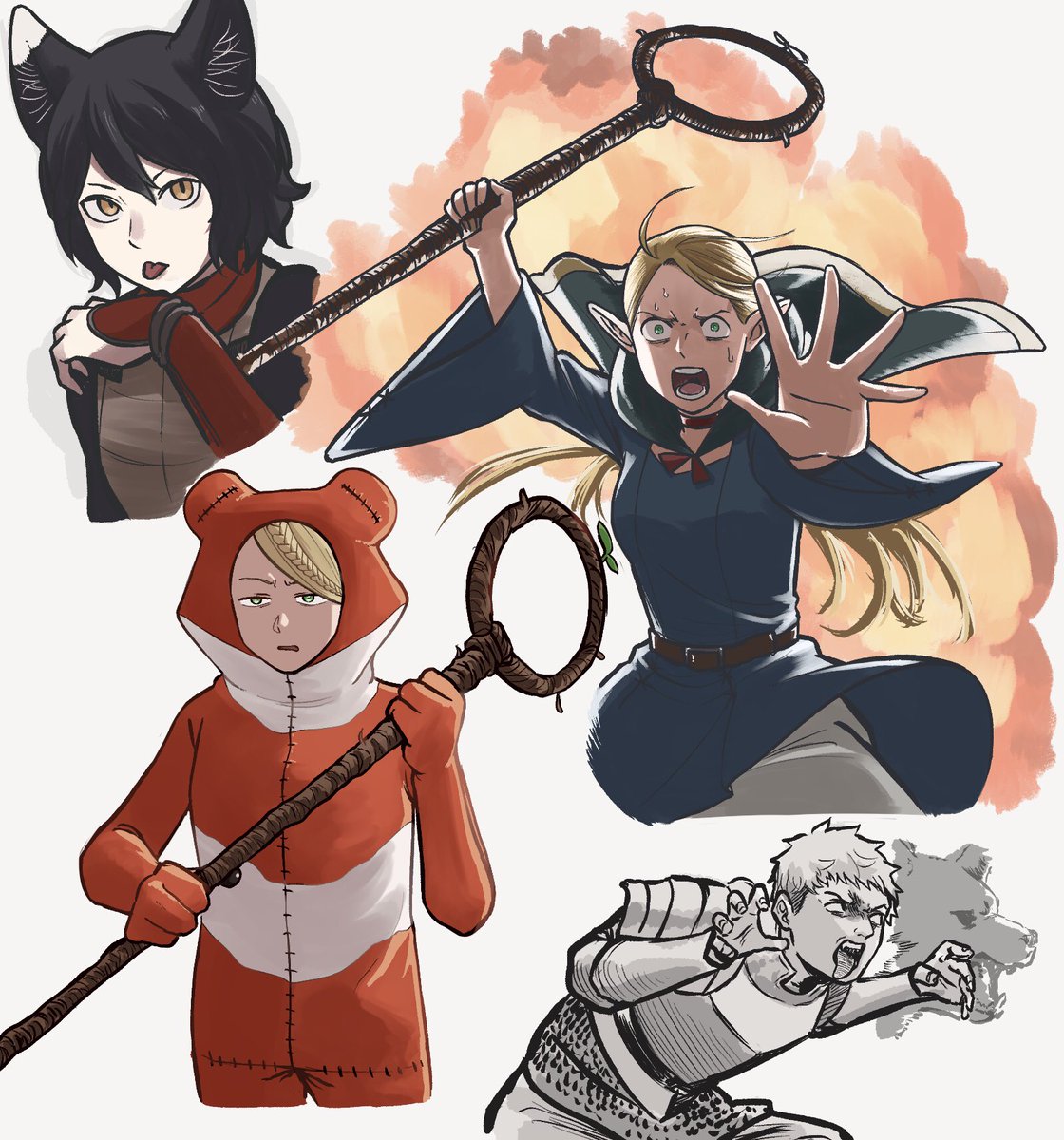 laios thorden ,marcille donato elf staff multiple girls blonde hair animal ears tongue pointy ears  illustration images
