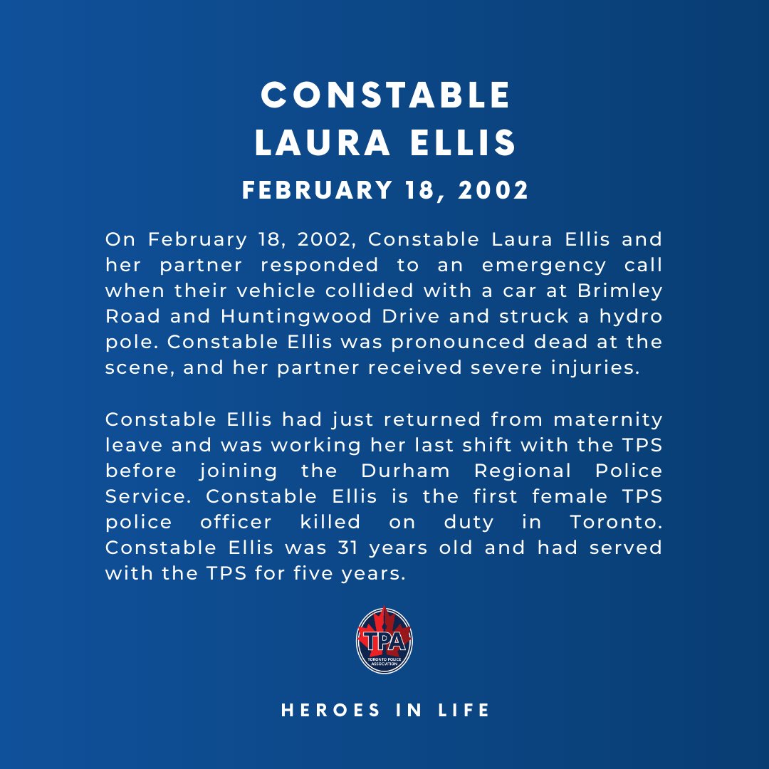 TPAca's tweet photo. Remembering Constable Laura Ellis, Badge No. 7538 who lost her life in the line of duty on February 18, 2002. Sadly missed and never forgotten. #HeroesInLife #NeverForgotten https://t.co/pCNjGCa4sC