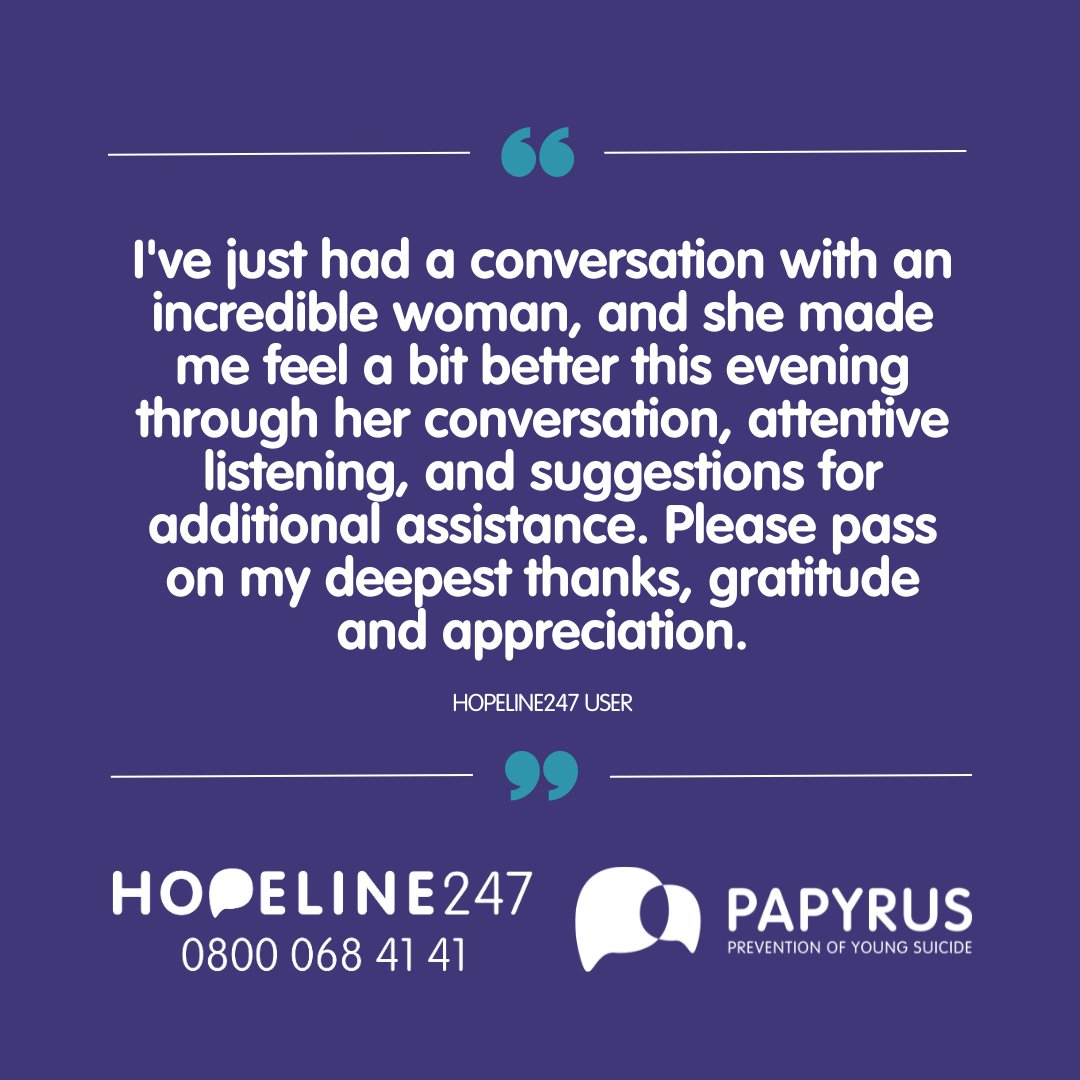 HOPELINE247 advisers will give you a safe, non-judgmental space to talk through your thoughts of suicide and help keep you safe for now. Call 0800 068 4141, text 07860039967, or email pat@papyrus-uk.org. We are here for you all day, every day. 💜 #SuicidePrevention