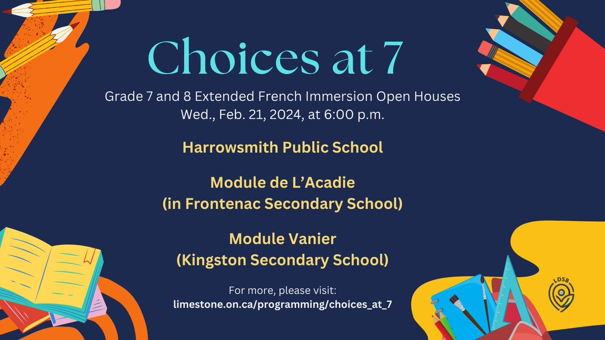 All students and families interested in the Extended French Immersion (EFI) Program for Gr. 7 or 8 in Sept. 2024 are invited to attend the EFI Open Houses on Feb. 21 at 6 p.m. Harrowsmith PS, @ModuleAcadie, @ModVanier_LDSB. For more, please visit: ow.ly/qkp650QsG0J