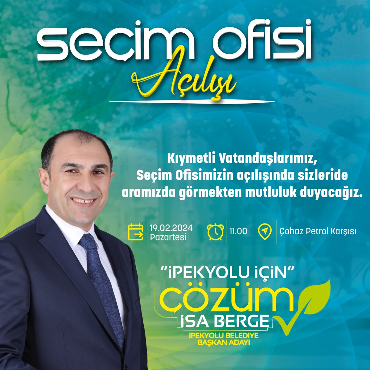 Büyük Gün Geldi 😎

İpekyolu için Çözüm İsa Berge✅

Seçim ofisimizin açılışında siz Kıymeti Vatandaşlarımızı aramızda görmekten mutluluk duyacağız.

⏰11.00
🗓️ 19.02.2024
📍Çohaz Petrol Karşısı

⁦@YavuzKusanVan⁩ ⁦@cozumisaberge⁩ ⁦@emreguray65 @SinanDemir_AK