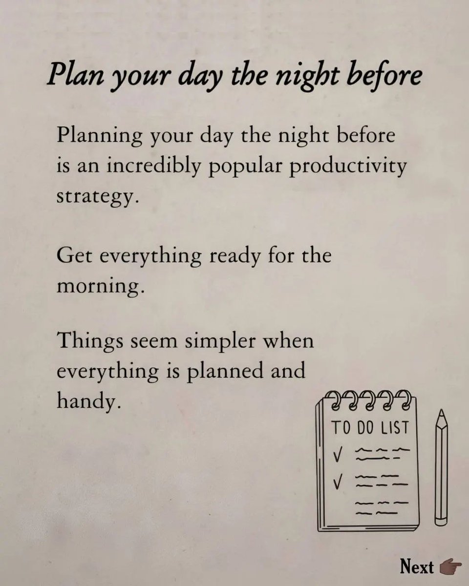 MMNotes_28's tweet photo. 5 Habits that will fix 90% of your problems:

1. Plan your day the night before https://t.co/JXVyzamjDe