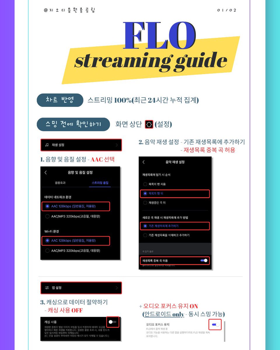 god_strm0113's tweet photo. 👉플로 스트리밍 가이드
1.음향 및 음질 설정하기
2.음악 재생 설정하기
3.캐싱으로 데이터 절약하기 OFF 설정하기
4.스트리밍 리스트 만들기
(*음소거는 스밍횟수 반영안됨/최소볼륨유지*)
5.반복재생,셔플(랜덤) 비활성
   전곡반복만 활성화하기
6.스트리밍 잘되는지 확인 https://t.co/6ccogmdS7E