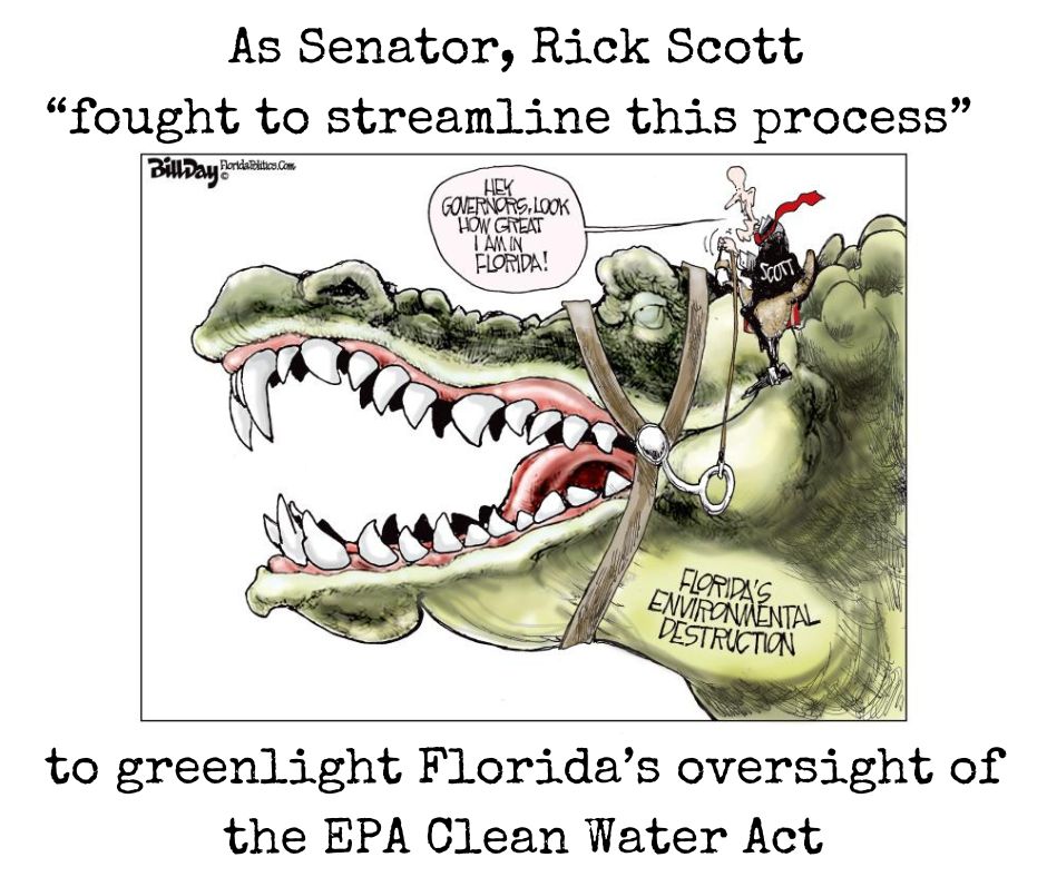 Democrats believe a clean environment helps protect our children's health and futures.

As Governor, Senator Rick Scott was infamous for being #RedTideRick and denying science.

Breaking News
Judge revokes Florida wetlands permitting authority.
The Trump-era decision threatened…