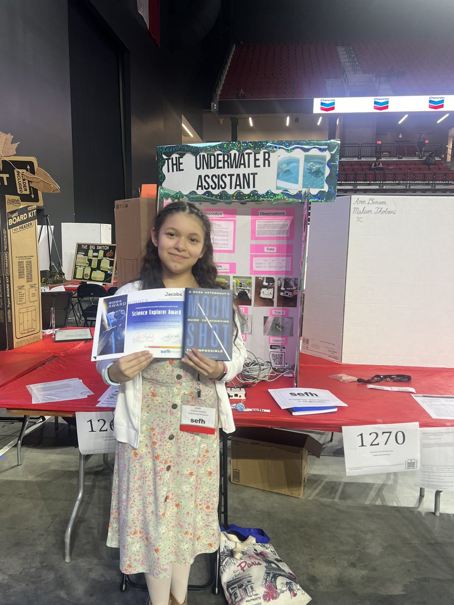 She won a special award at SEFH. Her planning & designing started last summer when she attended @alief_middle STEM camp & continued to work on it by herself while consulting with other science teachers that always support her. She can’t wait for camp this summer! @KilloughEagles