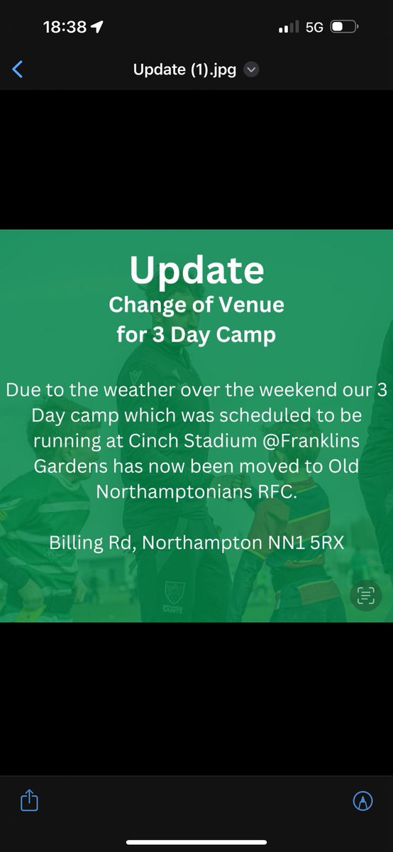 CHANGE OF VENUE FOR 3 DAY RUGBY CAMPS at CINCH STADIUM AT FRANKLINS GARDENS Due to weather over the weekend our 3 day rugby camps which were scheduled to be running at cinch stadium @ Franklins Gardens have now been moved to @OfficialONRFC Billing Road, Northampton, NN15RX