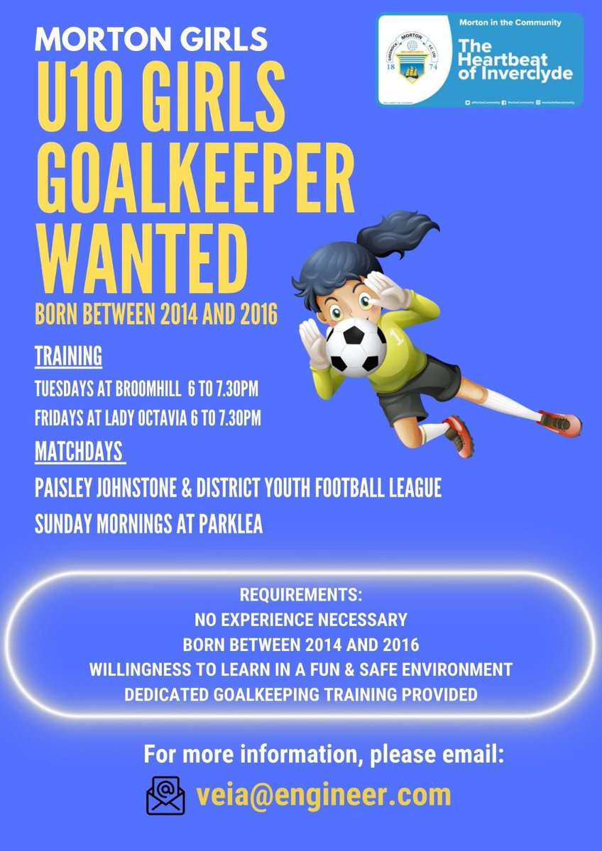 Mr_Vandemar's tweet photo. Morton girls under 10s looking to recruit a goalkeeper. 

No experience necessary &amp; training provided in a fun and safe environment with an amazing group of friendly footballers. 

Please contact me for further details. Shares appreciated. @mitcteams @MortonFCWomen @Morton_FC https://t.co/nzpP3AeKsT