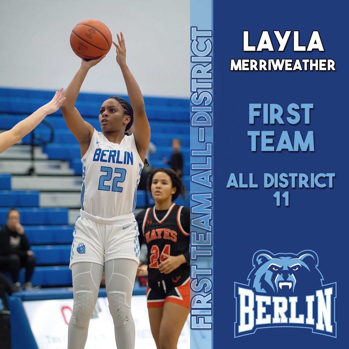 Congratulations to @LMerriweather22 for being 1 of 11 players to be named First Team ALL District 11 for Division 1! A very well earned and deserving recognition! Way to go, Layla - @ladybearsbbk is proud of you! @Todd_spinner @BerlinBearsAD #HardWorkPaysOff #ClawsUp