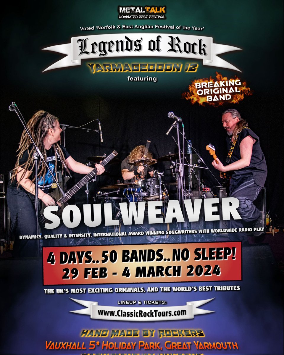 Soulweaverband's tweet photo. Just 2 weeks to go!!
The awesome @legendsofrockuk festival!!!
A few day/weekend & tent/tourer tickets are still available but not many!!
On site accommodation is sold out!
https://t.co/oQ6QldY1cM
#londondrumstickcompany #livemusic #statusgraphite #rockmusic #fendercustomshop https://t.co/6jKpmud3Tn