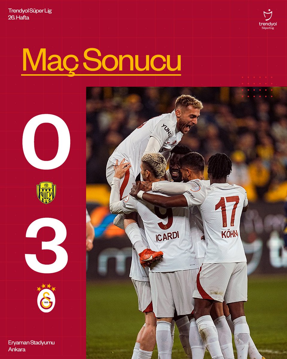 Galatasaray_Ind's tweet photo. Liga Super Turki 2023–2024 pekan kedua puluh enam
Hasil Akhir: Ankaragücü 0-3 Galatasaray
#Galatasaray🦁 https://t.co/8cLGe6cdj0