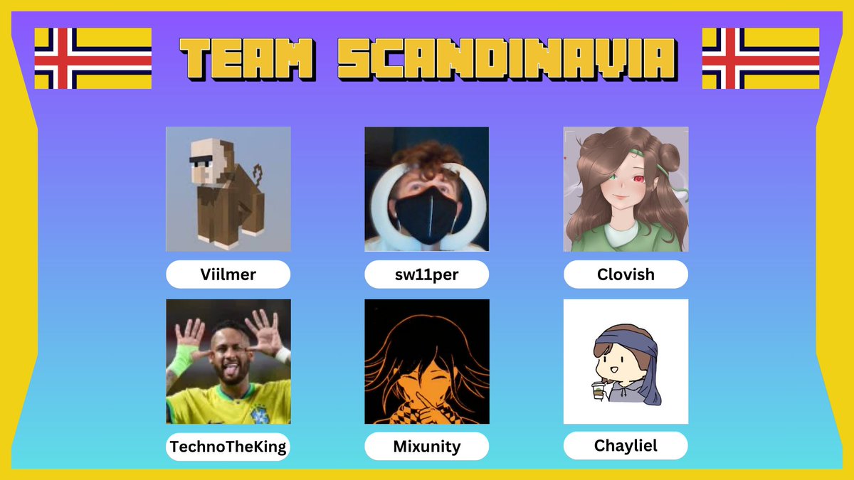 MCCI World Cup (@mcciworldcup) on Twitter photo ๐ณ๐ด ANNOUNCING TEAM SCANDINAVIA ๐ณ๐ด
<a href="/viilmerrrr/">Viilmer</a>
<a href="/Sw11per/">Sw11per</a>
<a href="/ClovishLive/">Clovish ๐</a>
@ChaylielTV
<a href="/_Mixunity/">Litten Lover</a>
TechnoTheKing ๐ณ๐ด ANNOUNCING TEAM SCANDINAVIA ๐ณ๐ด
<a href="/viilmerrrr/">Viilmer</a>
<a href="/Sw11per/">Sw11per</a>
<a href="/ClovishLive/">Clovish ๐</a>
@ChaylielTV
<a href="/_Mixunity/">Litten Lover</a>
TechnoTheKing