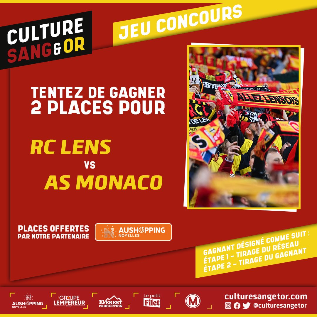 CultureSangEtOr's tweet photo. [Jeu concours | 🎁]

Aushopping Noyelles, partenaire officiel du #RCLens vous offre 2 places pour RC Lens - AS Monaco !

Pour participer :
➡️ Suivez @CultureSangEtOr
➡️ RT + mentionnez un ami en commentaire

🏆 TAS et annonce du gagnant le 21/02/24

Bonne chance !😉

#RCLASM 🔴🟡 https://t.co/Fm0ijkhDSy
