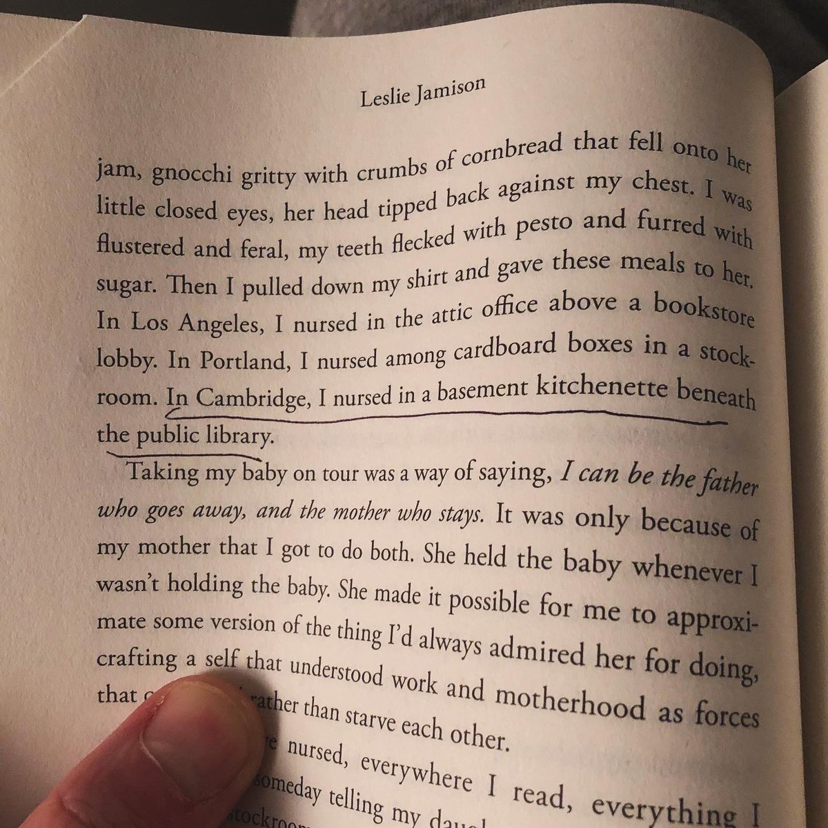 'Taking my baby on tour was a way of saying, I can be the father who goes away, and the mother who stays.' —Leslie Jamison, 'Splinters: Another Kind of Love Story' The basement kitchenette was behind the scenes at a Harvard Book Store event with @lsjamison for a 2018 book tour.