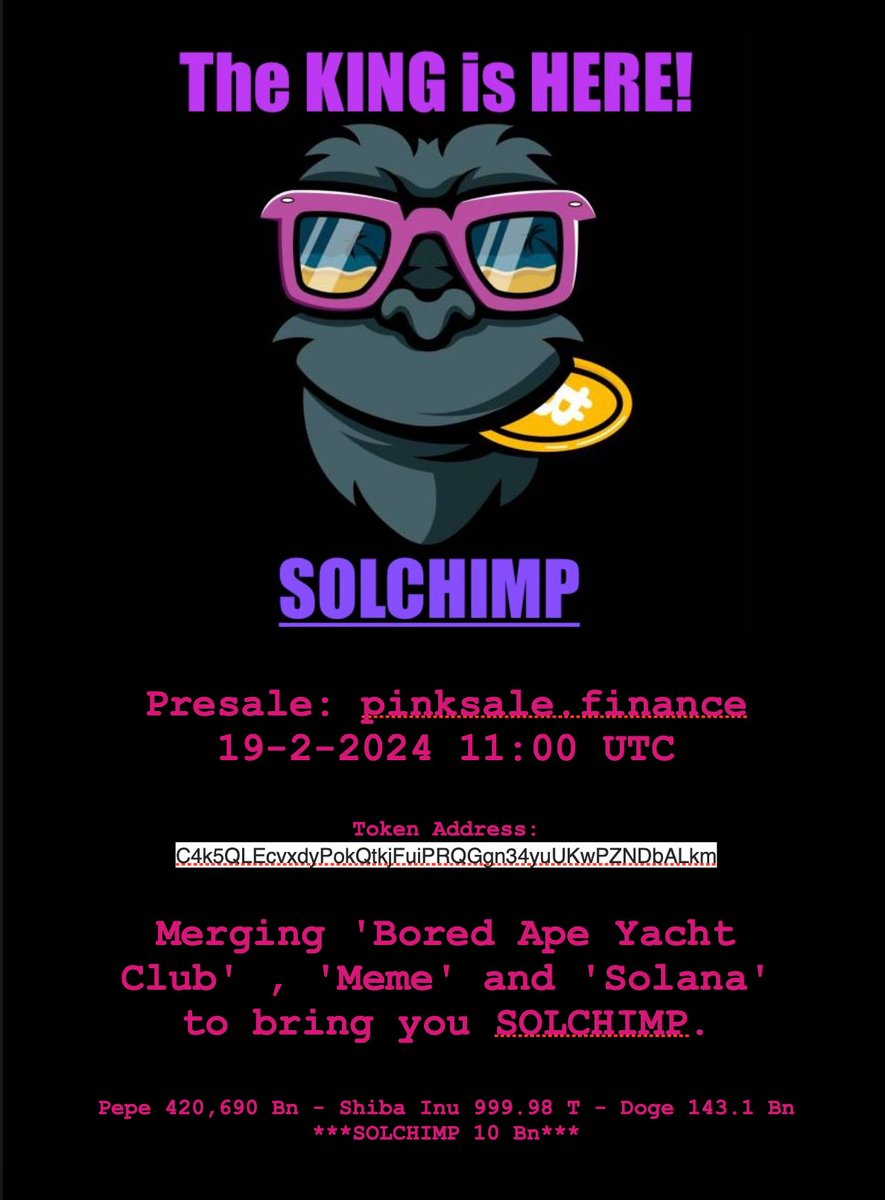 SolchimpToken's tweet photo. The wait is almost over. Presale starts tomorrow on pinksale 🔥🔥
https://t.co/0fqZp2PQXQ
https://t.co/nIK11B1ldX https://t.co/pul8aIym9K