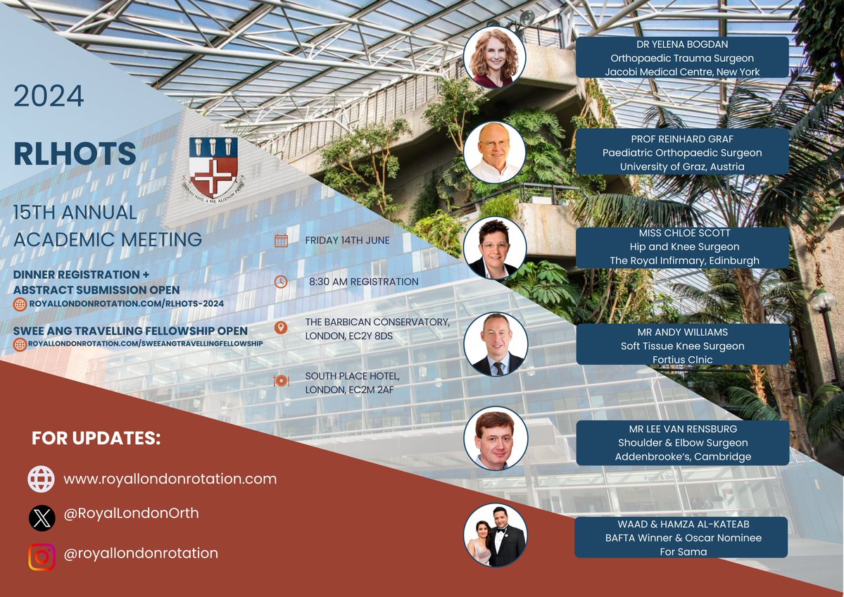 RoyalLondonOrth's tweet photo. 📢📢Dinner registration now open for the upcoming 2024 RLHOTS 15th Academic meeting 📢📢

Confirmed speakers include @InvictaOrtho , Prof Reinhard Graf, @EdinburghKnee, Mr Andy Williams, @Gnomelover1970 and @waadalkateab 

For more details visit:

https://t.co/AQFSFei0bE https://t.co/nK1NCfEwlN