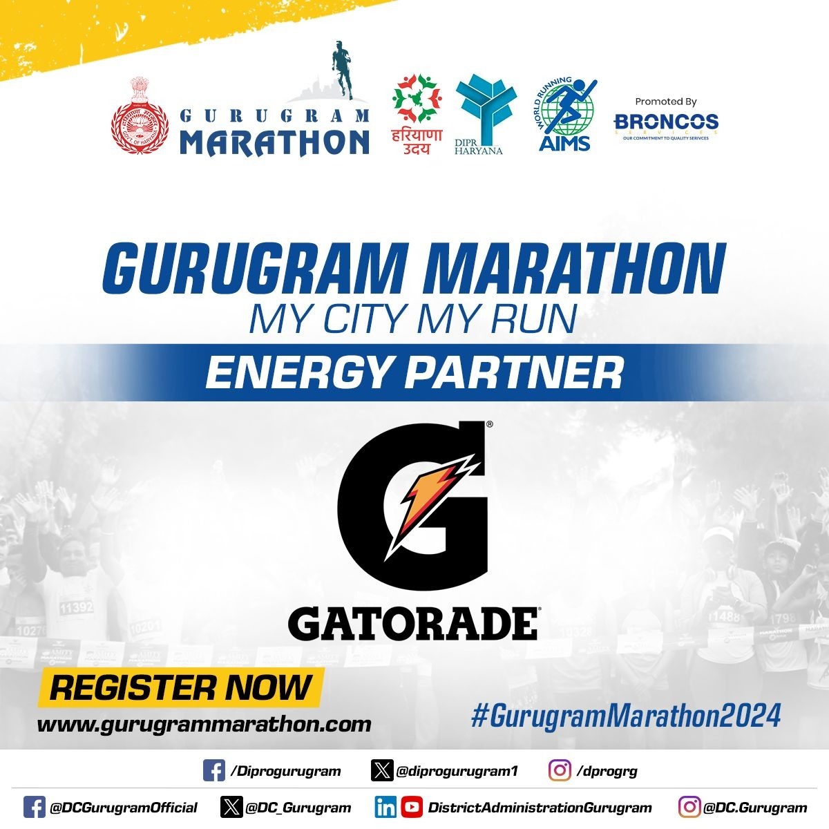 DC_Gurugram's tweet photo. Gatorade as the Energy Partner for Gurugram Marathon #MyCityMyRun!
🔗 Register now and find out more at: https://t.co/pjc2Qfh2Yq
#GurugramMarathon2024🏃♂️ #MyCityMyRun #EnergyPartner #Gatorade #GurugramMarathon #Gurugram #Haryana https://t.co/4WsnMfUXpd