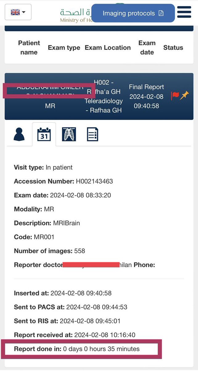شاب أربعيني يفحص رنين مغناطيسي برفحاء ويشخص بمستشفى صحة الافتراضي بالرياض ب ٣٥ دقيقه فقط (ورم دماغي معقد )👆

تم تحويله كإنقاذ حياة عن طريق ١٩٣٧ وإخلاءها لمدينة الملك سعود ليتم استئصال الورم مباشرة
بعد وصوله ليتعافى ويخرج بالسلامه

الحمدلله على نعمة وطن وضع صحة الانسان أولاً
💚🇸🇦