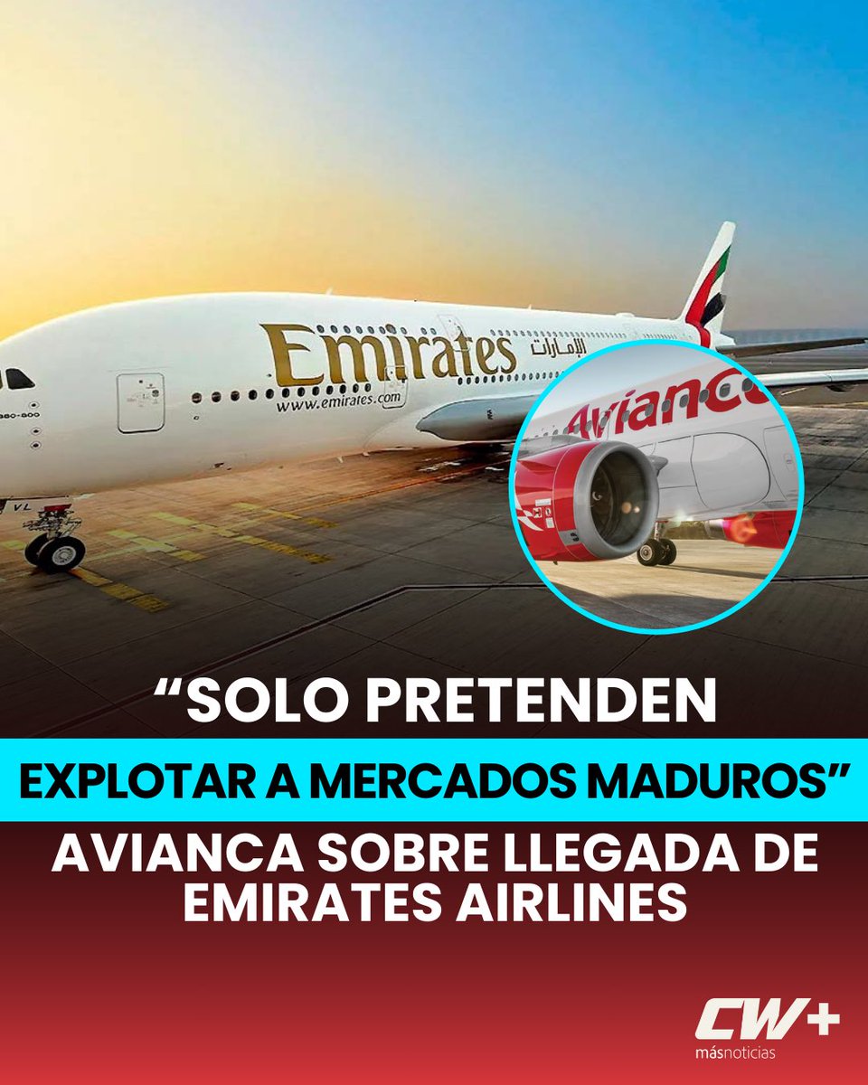 CWMasNoticias's tweet photo. COLOMBIA | Avianca manifestó su inconformidad ante la llegada de Emirates Airlines, compañía aérea que entraría a operar en los próximos meses en el territorio nacional.

Según Avianca, su arribo podría afectar la industria colombiana y poner en riesgo a cientos de empleos.

“Solo pretender explotar mercados maduros y no potenciar la conectividad con Colombia”, aseguraron voceros de la aerolínea nacional.

Las declaraciones tuvieron lugar este viernes, durante la audiencia liderada por la Aeronáutica Civil Colombiana, con el fin de escuchar y recibir la solicitud formal de Emirates para ingresar al país.

Por su parte, la aerólinea proveniente de Emiratos Árabes Unidos, señaló que contemplan el inicio de operaciones diarias entre Dubái y Bogotá, con conexión en Miami, a partir del 3 de junio de este año.

¿Qué opina sobre la llegada de la nueva aerolínea?

⬇️⬇️⬇️ 

Síguenos en @cwmasnoticias 

Consulta más noticias en https://t.co/BzQDxTwk0T 

#CWMásNoticias #EmiratesAirlines #Avianca #EmiratesAirlinesColombia #AerolíneasColombia #NoticiasDeColombia