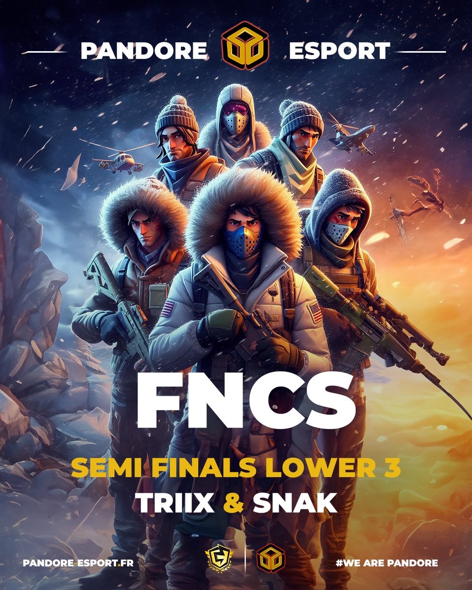 [ #Fortnite ]

Suite et fin ce soir des semi-Finals #FNCS avec le Lower 3 à 21h30 pour nos joueurs <a href="/SNAKFN7/">SNAK</a> et @triixouu 🍀

Top 15 pour décrocher la qualification en Grand Final 🎯

N'hésitez pas à les soutenir au maximum 💪
#WeArePandore ⚫️🟡