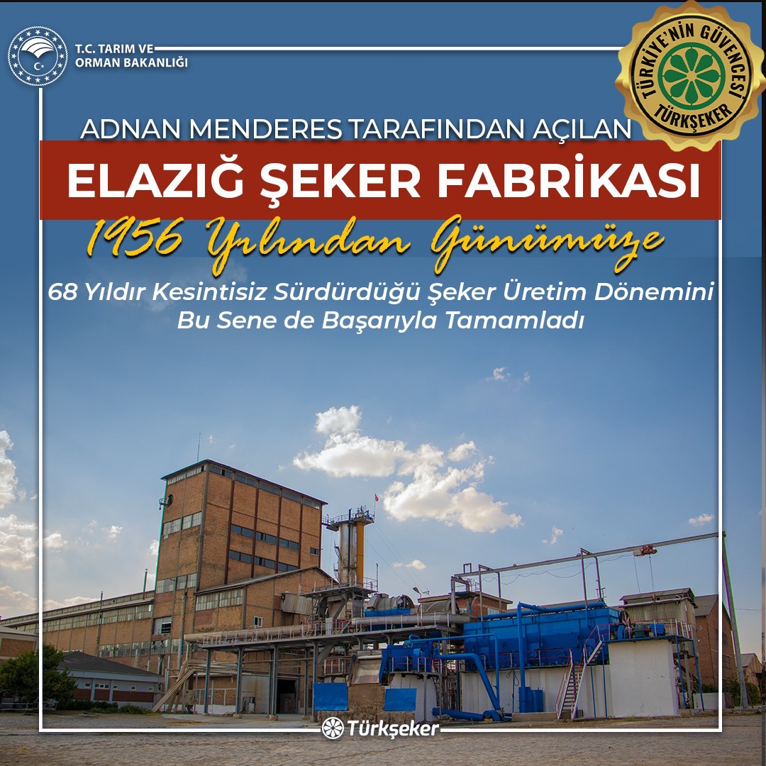 turksekeras's tweet photo. 1956 yılında dönemin Başbakanı Adnan Menderes tarafından açılışı yapılan Elazığ Şeker Fabrikamız 68. üretim dönemini başarıyla tamamladı. Emeği geçen tüm çalışanlarımız ve paydaşlarımıza teşekkür ediyor, Banimiz Adnan Menderes’i rahmetle anıyoruz… https://t.co/yP4zi2DRe2