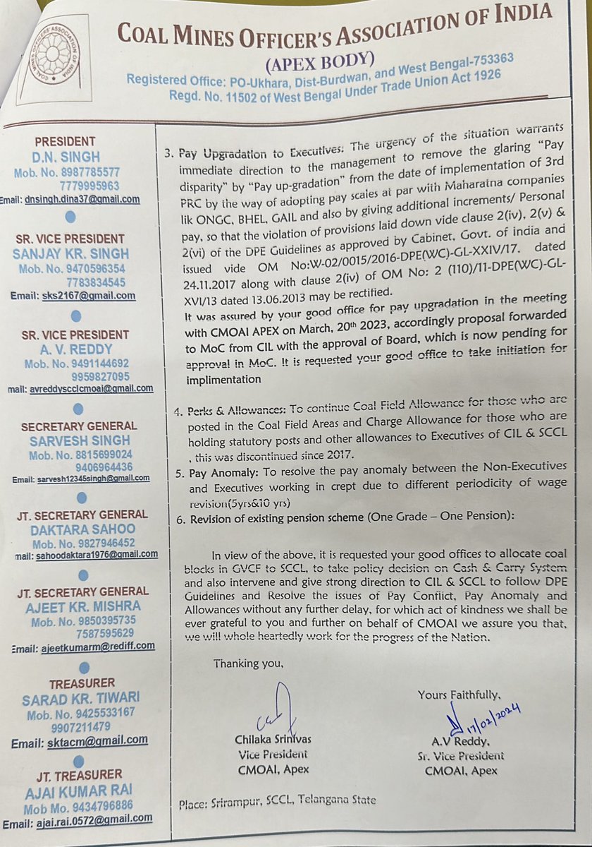 On behalf of CMOAI, a representation given to Sri Amrit Lal Meena,Secretary (Coal),in the presence of Sri Balaram, C&amp;MD of SCCL by Sri A.V. Reddy, Sr.VP APEX &amp; Sri. Chilaka Srinivas, VP CMOAI(APEX) at SCCL, STPP regarding Pay upgradation, CFA, Pay Anomaly,Pension revision, etc