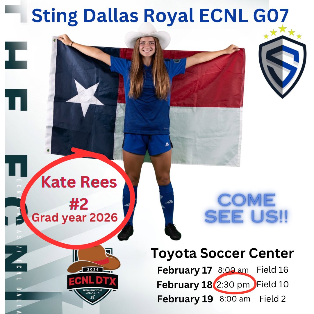 💥💥UPDATE!!!💥💥 👋Hey Everybody 👋 I’m playing up this weekend with the ‘07s, wearing jersey #2 with @stngroyal07ecnl !!!! Come see this amazing team at Toyota Soccer Center at the new time..2:30 on Field 10!! #ECNLDTX @NickSoutar @PrepSoccer @ImYouthSoccer