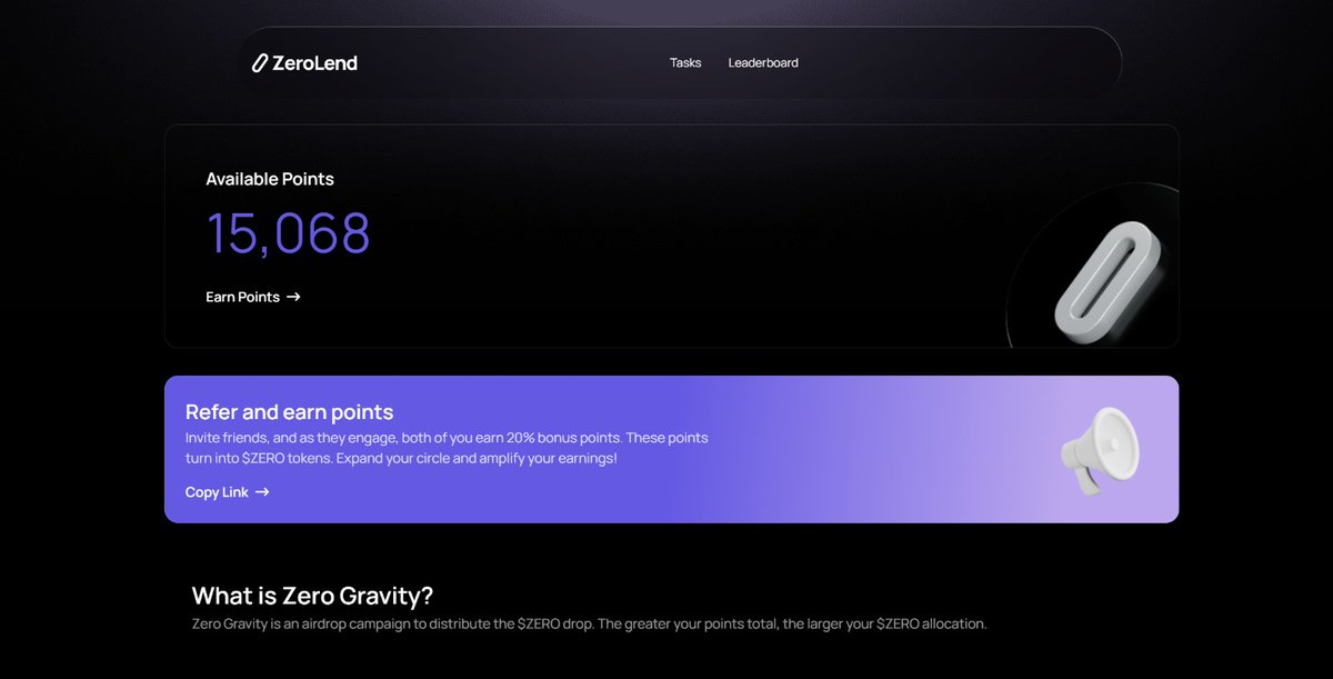 its_Arkverse's tweet photo. 🚀 Exciting news! Zero Gravity lauched an airdrop campaign to distribute the $ZERO tokens. Accumulate points to boost your $ZERO allocation. Don’t miss out! 

EASY FREE TASKS
EARN MORE WITH BONUS TASKS

🔗 Link: https://t.co/St86tsvOxI

 The greater your points total, the larger your $ZERO allocation.

FREE TASKS

Join discord - 100 Points
Say GM in discord - 10 Points per gm/day
Earn by referring a user - Refer and earn 20% bonus points
Follow on Twitter - Points coming soon

BONUS TASKS

Supply collateral to the lending market  -  1 PTS per USD/day
Borrow assets from the lending market - 4 PTS per USD/day
PYTH stakers - 1 PT per $PYTH Staked (Points already distributed)
MAHA user/staker - Points yet to announce
AAVE user/staker - Points yet to announce
LIQUITY user/staker - Points yet to announce

🌟 #Crypto #Airdrop #ZeroGravity