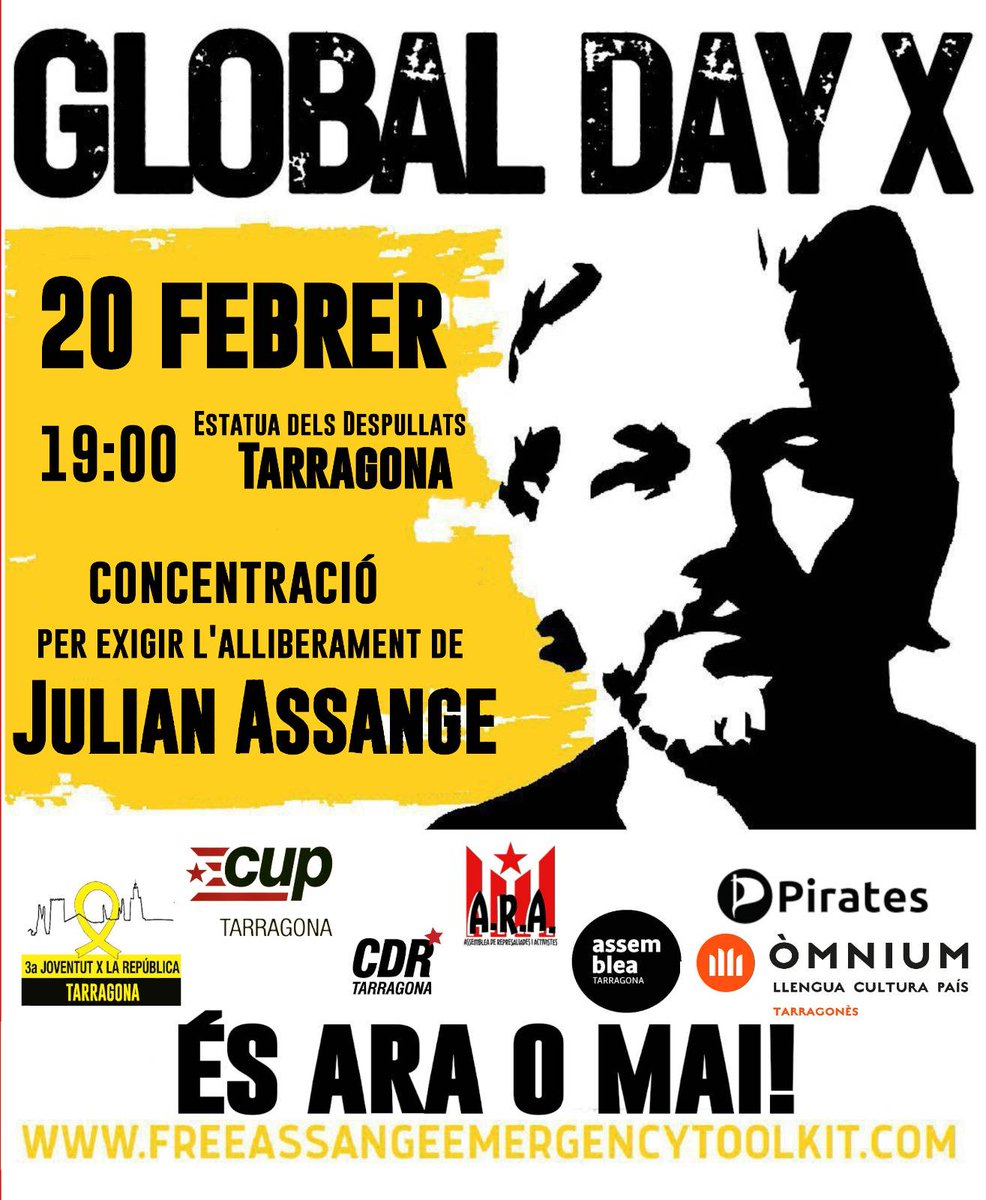 SanitarisxrepT's tweet photo. Per l'alliberament de Julial Assange, per la llibertat d'expressió.
Concentració a Tarragona i altres ciutats del món.
#globaldayx 
#EsAraOMai #llibertatpresospolitics #llibertatexpressio
#prourepressio https://t.co/XyiqQoBTHr
