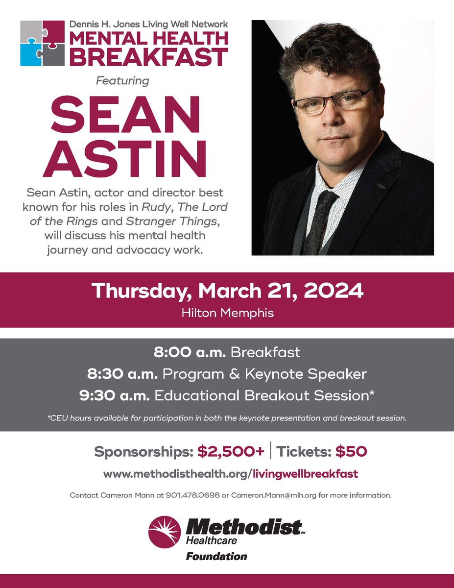 thefishnation's tweet photo. Join the @MethodistHlth Foundation for their Mental Health Breakfast 💚 on Thursday March 21st. 

Special guest speaker is @SeanAstin best known for his roles in Rudy, Lord of the Rings, and Stranger Things

It’ll be real talk about Mental Health. 

#WeAreNotAlone 💚 https://t.co/9hGV3lnNef