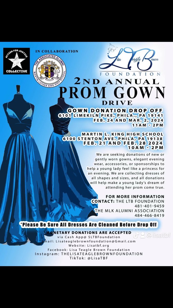 LisaTBF's tweet photo. We Are Back

The 🦋LTB Foundation🦋

 in collaboration with 

MLK Alumni Association 

and 
    
Action for Justice Collective 

Presents
                 
The 2nd Annual 

Butterfly Boutique

 Prom Gown Drive https://t.co/rNnT3jBIxn